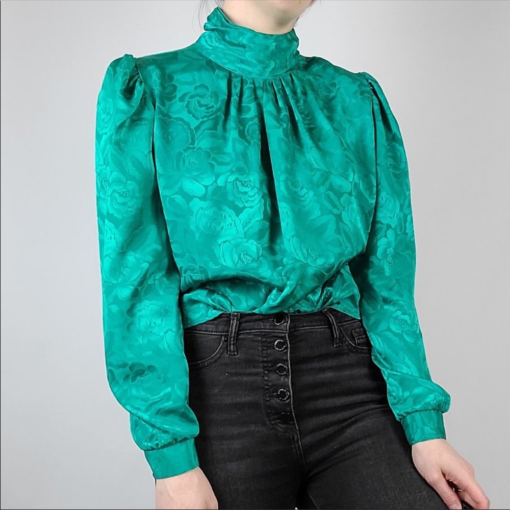Vintage Turquoise High Neck Blouse, Size Small